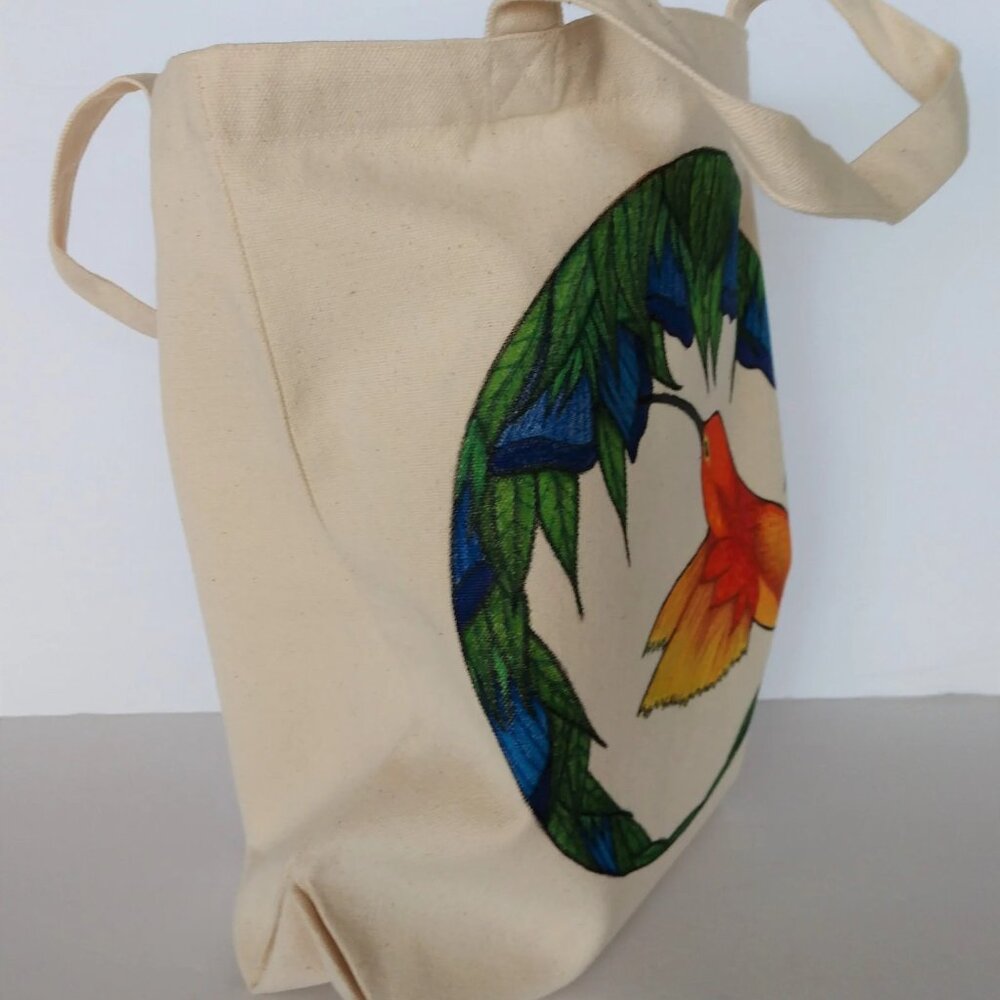 Hand-Painted Hummingbird Tote Bag : Floral Garden Reusable Canvas Bag  NWT - Picture 15 of 15